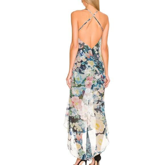 Sau Lee Frieda Chiffon Low Back Dress in Blue Multi Size 2 - Picture 2 of 9